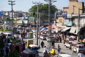 Electricity pylons at the Rawalpindi market, Pakistan 2022.